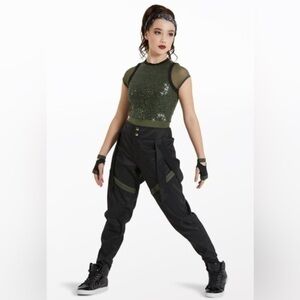 NWOT Weissman Small Adult Black Pop Star Dance Pants Hip Hop S Green Zipper